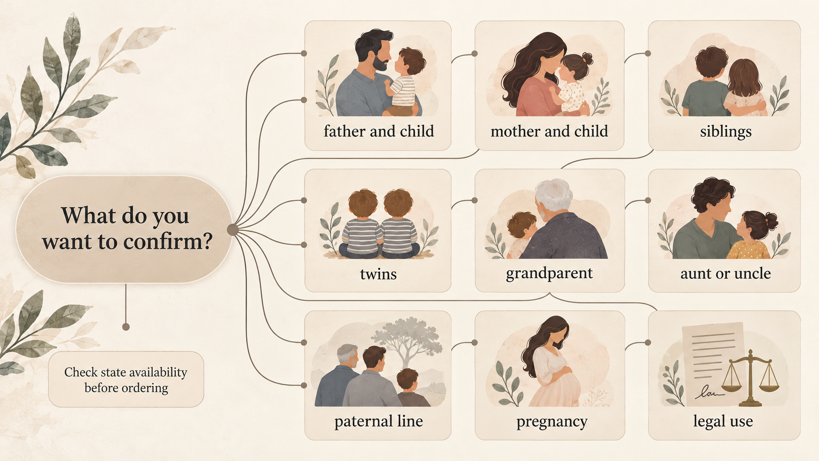 Help readers match their situation (e.g. father and child, siblings, twins, extended family, pregnancy) to the relevant Alpha Biolabs USA test, and prompt checks such as New York State residency and legal-use needs