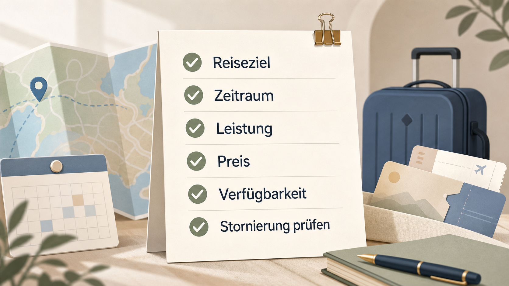 Checkliste für Reiseziel, Zeitraum, Leistung, Preis, Verfügbarkeit und Stornierung