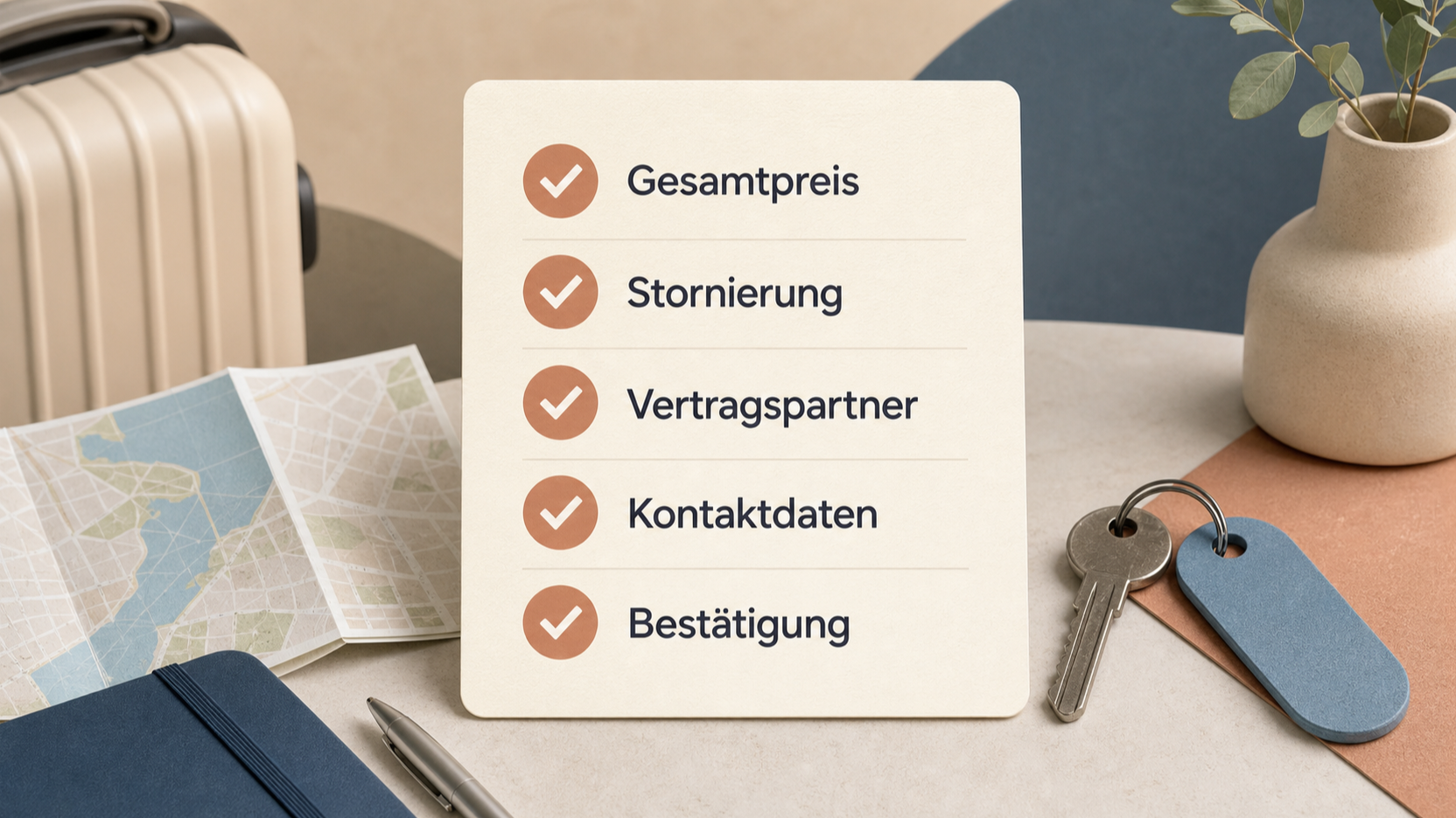 Gesamtpreis, Stornierung, Vertragspartner, Kontaktdaten und Bestätigung prüfen