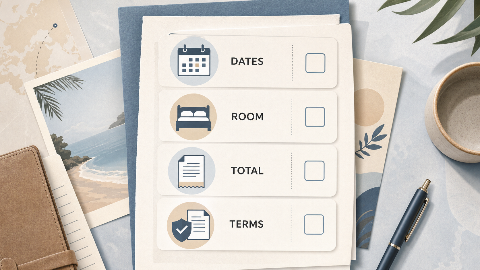 Checkliste für Reisedaten, Zimmer, Gesamtpreis und Tarifbedingungen