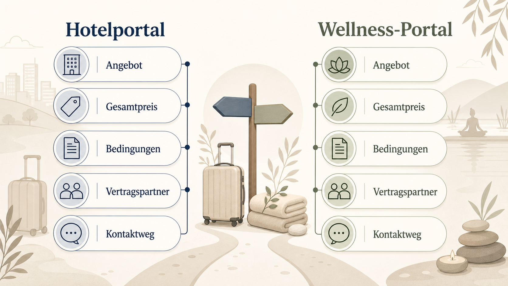 Redaktionelle Illustration zu Agoda oder wellnesshotel24: globales Hotelportal und Wellness-Spezialist im Vergleich