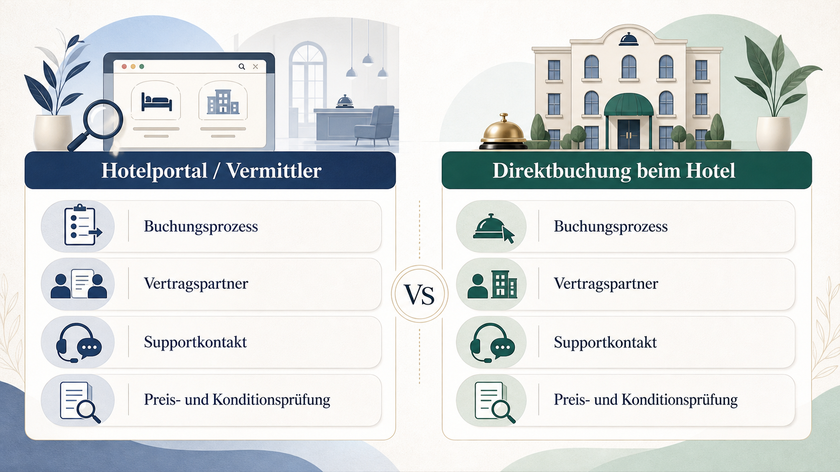 Redaktionelle Illustration zu Hotelportal oder Direktbuchung wählen: ein praktischer Entscheidungsleitfaden