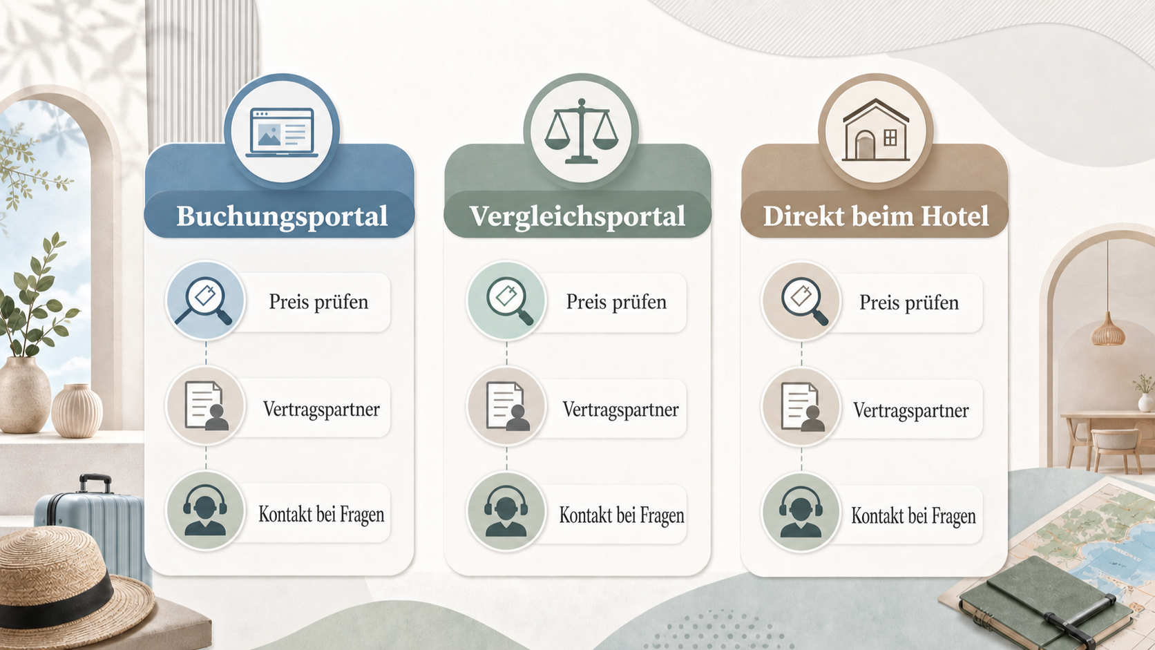 Redaktionelle Illustration zu Hotel online buchen: Agoda, wellnesshotel24, Wyndham und htop für unterschiedliche Reisen verglichen